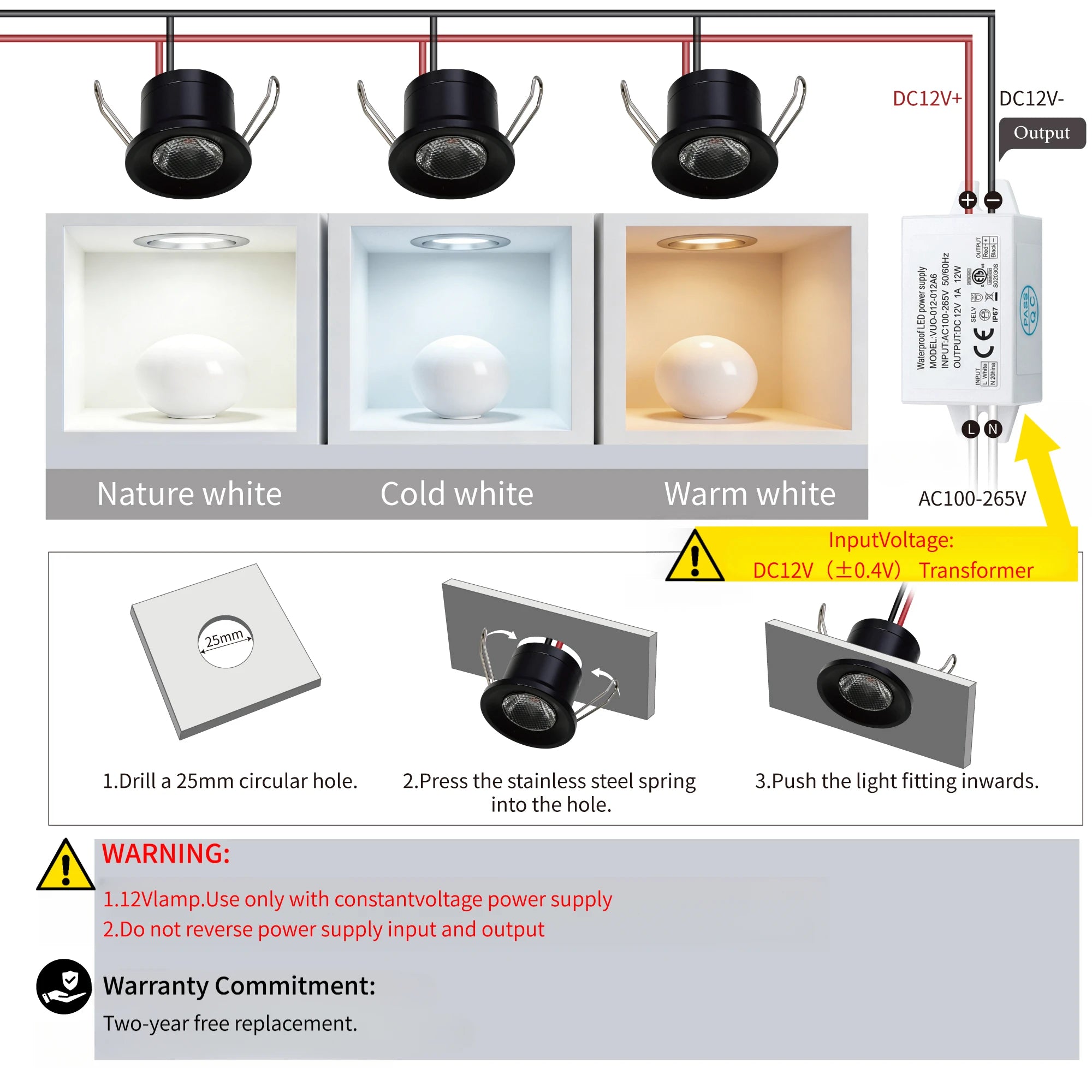 IP65 Mini LED Recessed Downlight 2W DC 12V 25mm Cutout 60 Degree Aluminum Silver Nickel Finish Cabinet Stair RV Caravan