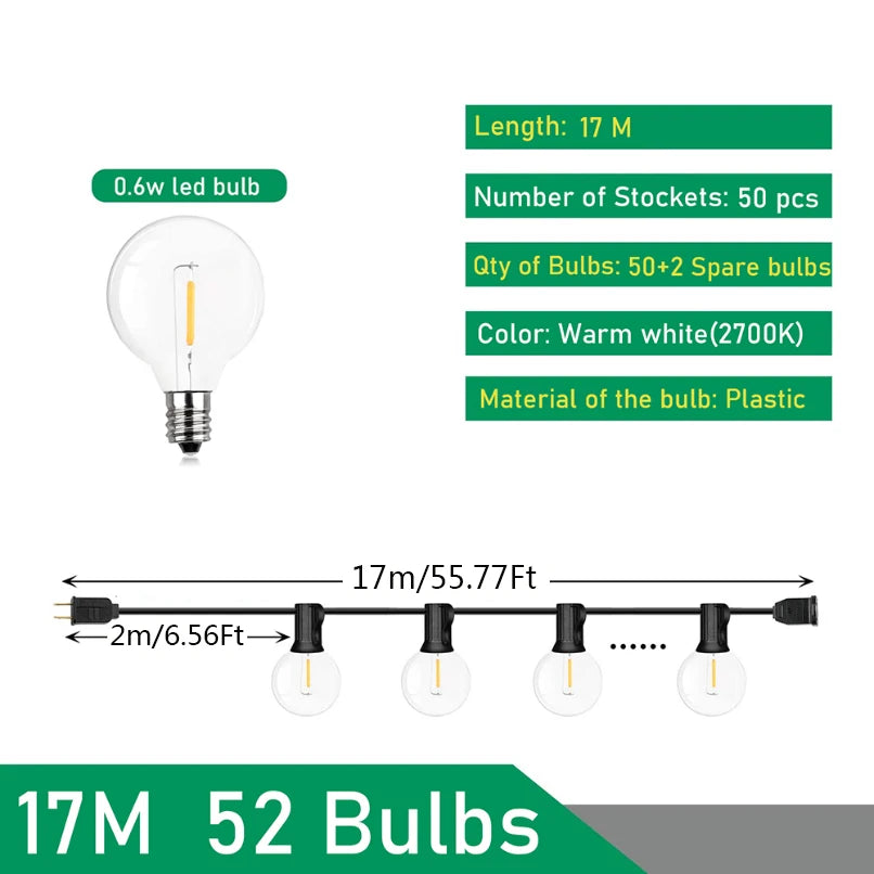 G40 LED Outdoor String Lights IP44 Dimmable 0.6W Warm White Connectable 9m 14m 26m