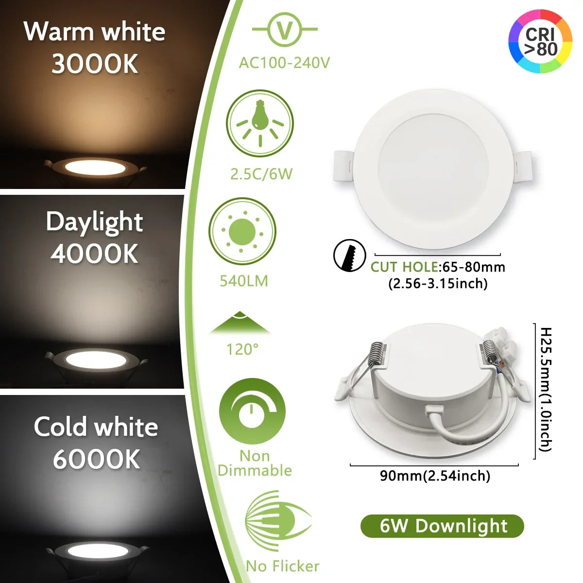 2-Pack LED Recessed Downlight 6W-24W 3-CCT AC 100-240V Ceiling Spot Warm Natural Cool White