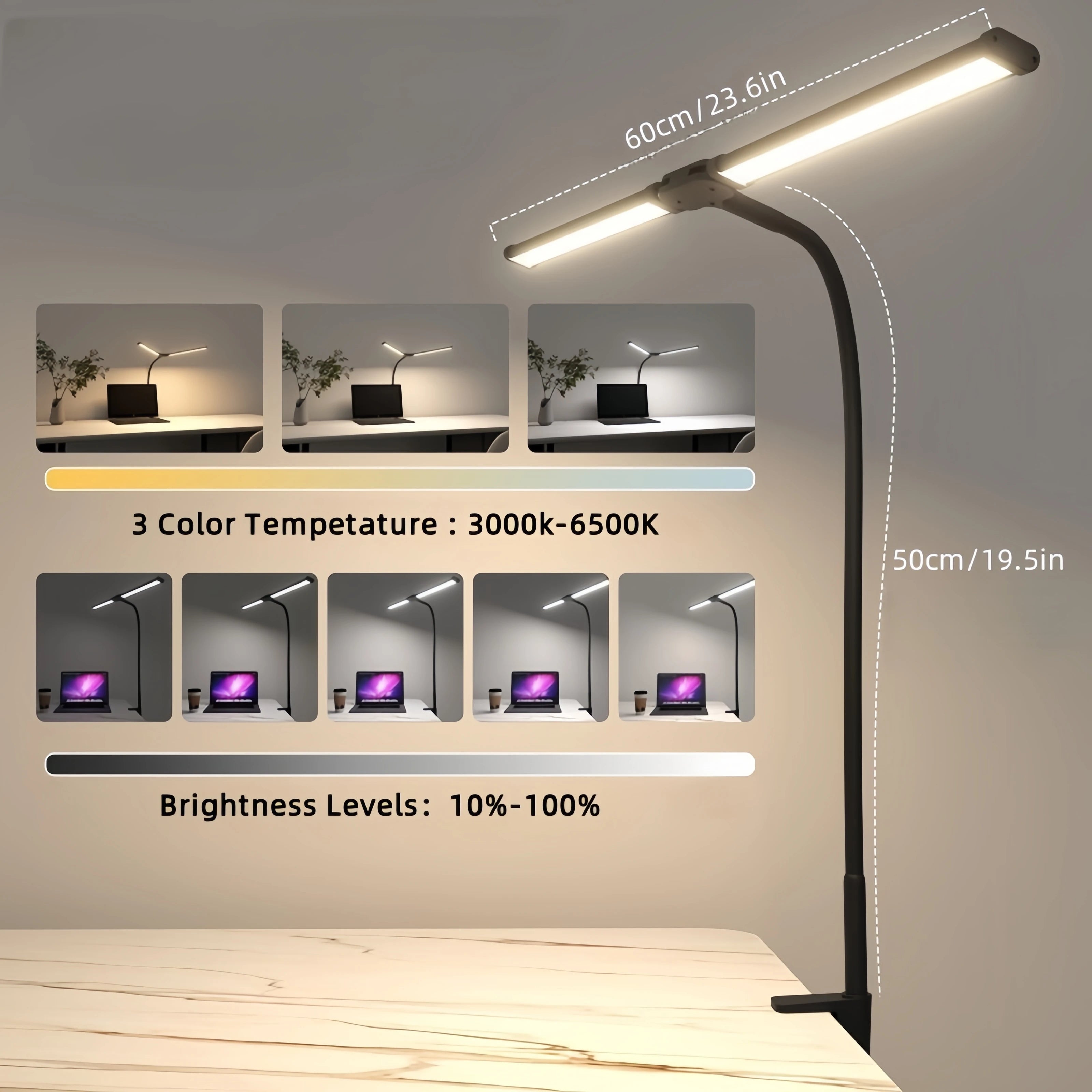Double-Head LED Desk Lamp 80cm USB DC 5V CRI 90 5-Level Dim 5-CCT 2700-6500K Remote