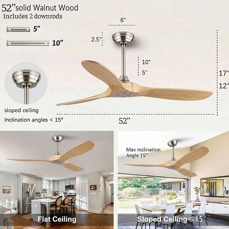 42 52 60 Inch Solid Wood Ceiling Fan No Light Remote Control 6-Speed DC Motor 85-265V