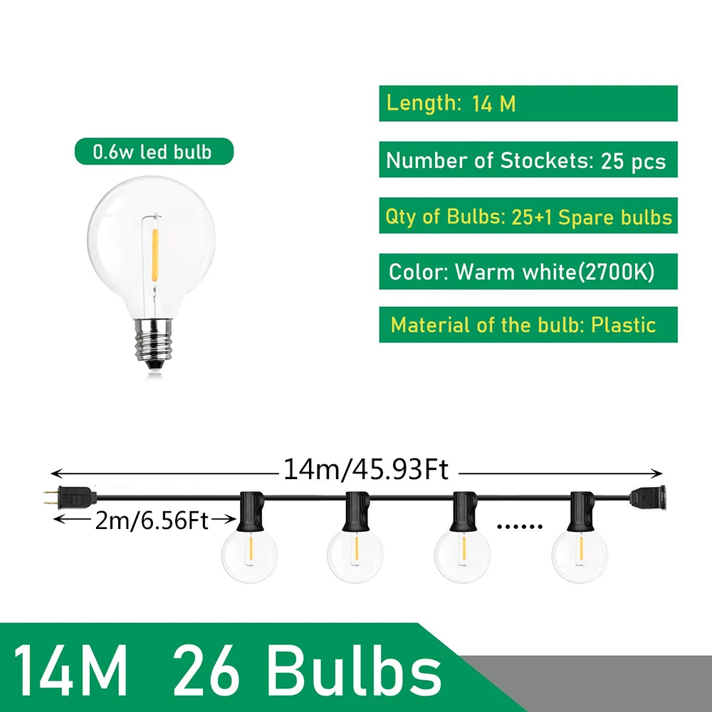 G40 LED Outdoor String Lights IP44 Dimmable 0.6W Warm White Connectable 9m 14m 26m
