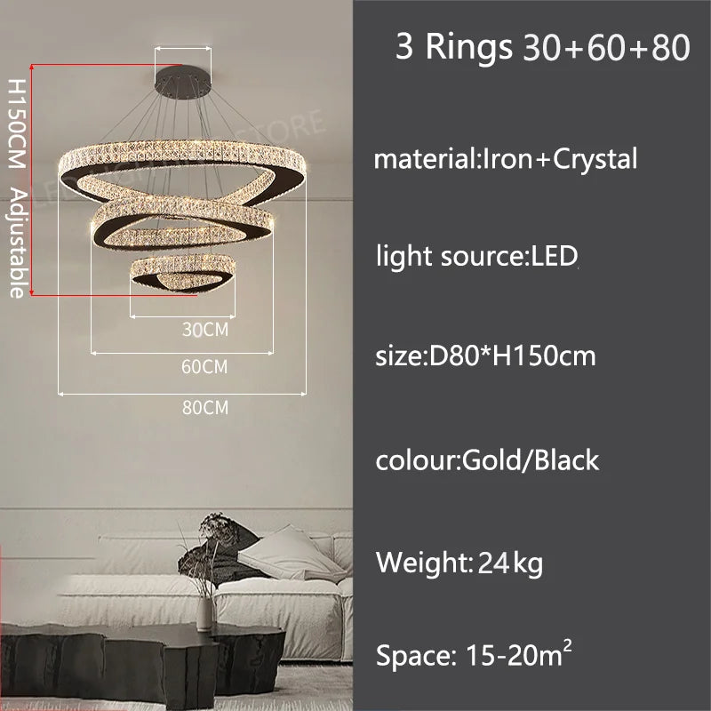 Modern Crystal LED Chandelier Stainless Steel Polished Cord Pendant Remote Control Dimmable AC 90-265V Villa Living Room Staircase
