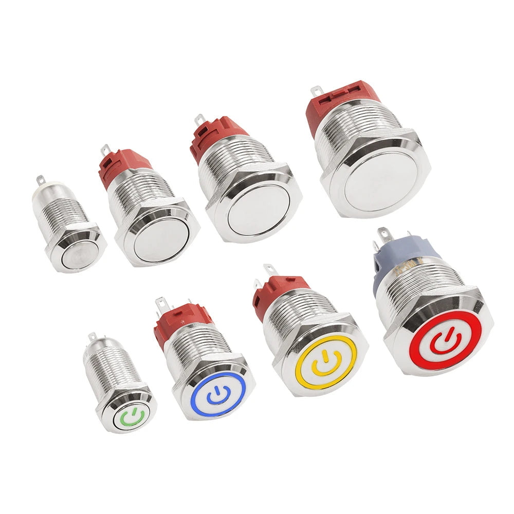 IP65 Waterproof Metal Push Button Switch 12mm 16mm 19mm 22mm 3A Copper LED Indicator 12V 24V Momentary Flat Circular Panel Mount