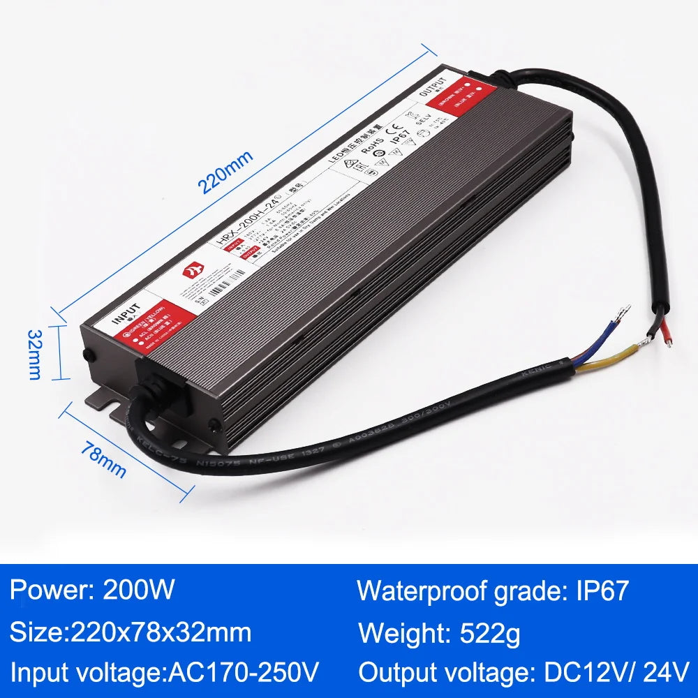 IP67 Waterproof LED Power Supply DC 12V 24V 30W-500W AC 110-250V Constant Voltage Outdoor