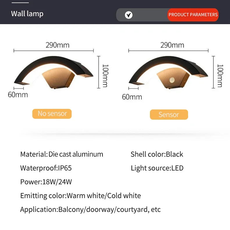 18W 24W IP65 LED Outdoor Wall Lamp Motion Sensor 2-6m AC 85-265V Warm Cool White Brushed Nickel