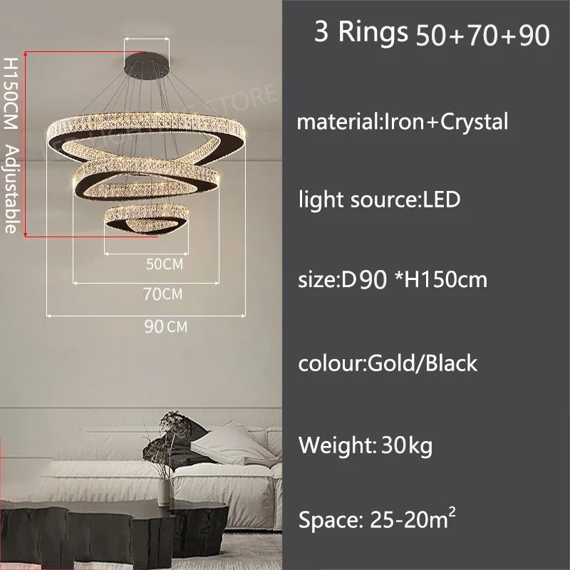 Modern Crystal LED Chandelier Stainless Steel Polished Cord Pendant Remote Control Dimmable AC 90-265V Villa Living Room Staircase