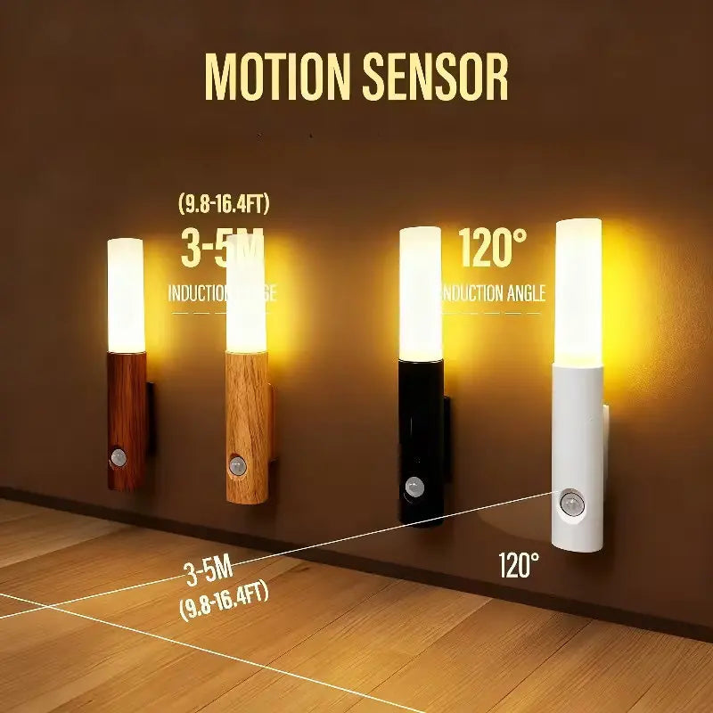 USB Rechargeable Magnetic LED Wall Lamp Motion Sensor 3 Modes 3 Color Temperatures Dimmable ABS Wood Grain Black Dark White Indoor