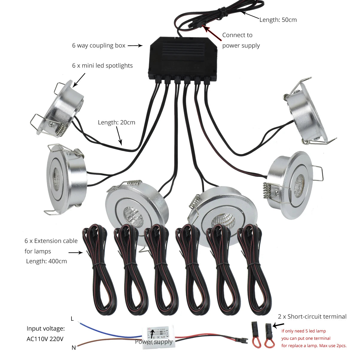 6-Pack 3W COB Mini LED Downlight Kit Dimmable 40-45mm Cutout 4m Cable AC 86-265V Remote