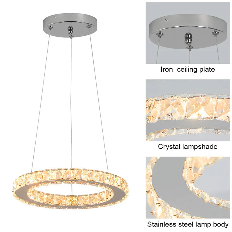 Luxury Ring LED Chandelier Pendant Light Stainless Steel Crystal Flush Mount Knob Dimmable Living Room Dining Room AC 90-260V
