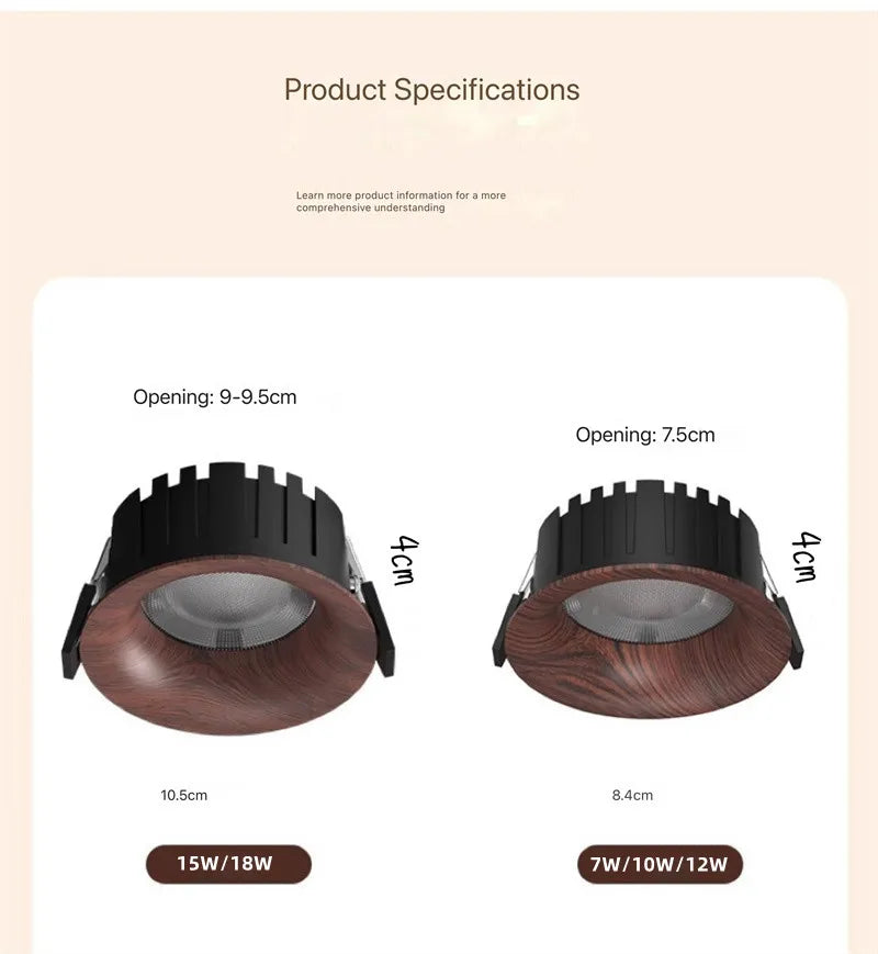 Wood Grain COB LED Recessed Downlight 7W 10W 12W 15W 18W Aluminum CRI 97 120 lm/W Touch Switch Dimmable AC 100-240V Ceiling Spot