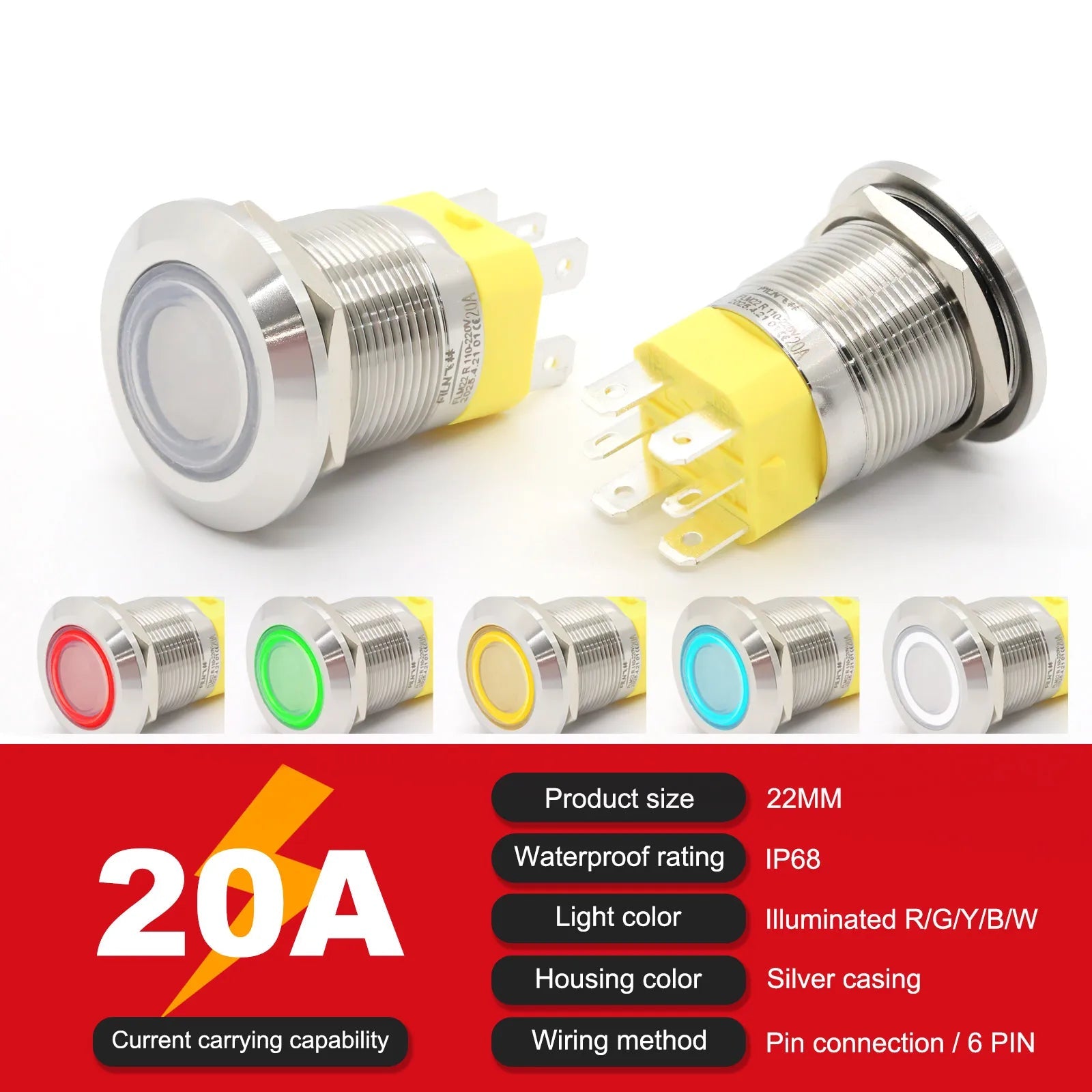 IP68 Waterproof Stainless Steel Push Button Switch 19mm 22mm 20A Momentary LED 12V 24V 110V 220V 4 Pin 20cm Wire 5 Colors