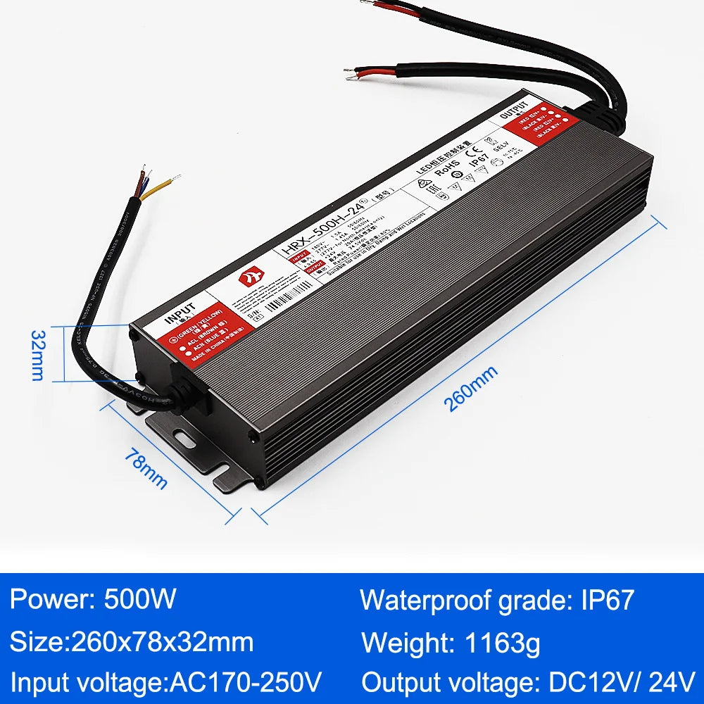 IP67 Waterproof LED Power Supply DC 12V 24V 30W-500W AC 110-250V Constant Voltage Outdoor