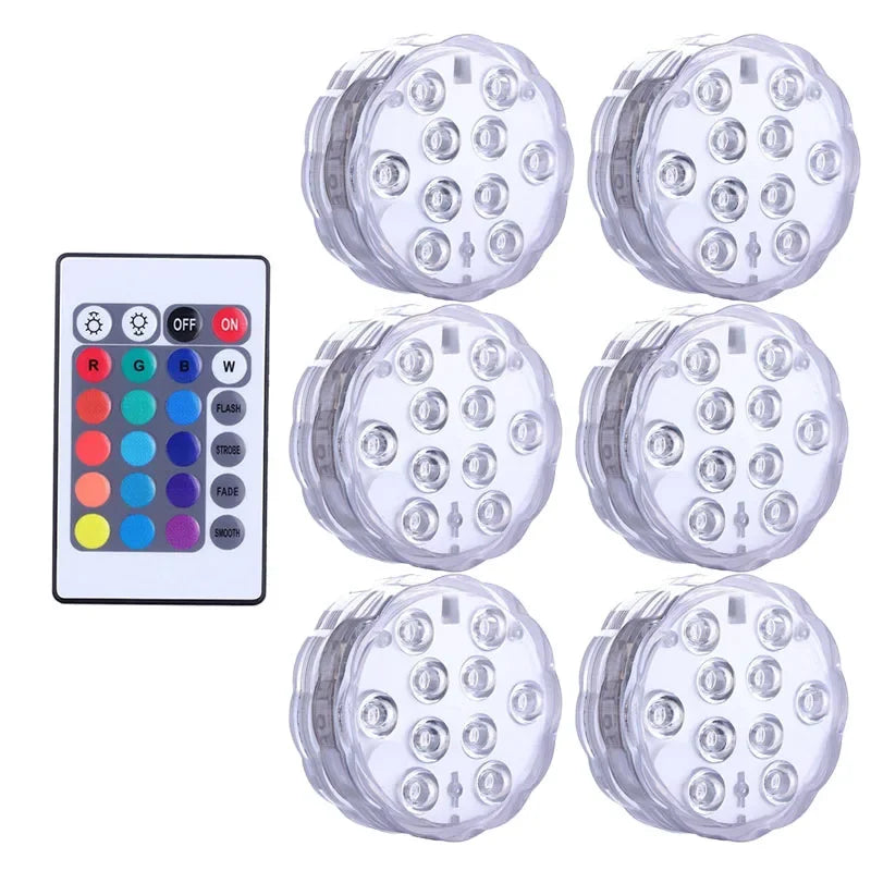 IP68 Submersible LED Pool Light 10 LED RGB 16 Colors Remote Control Battery Powered 2.4W Vase Fish Tank Pond Party 7x7x2.8cm
