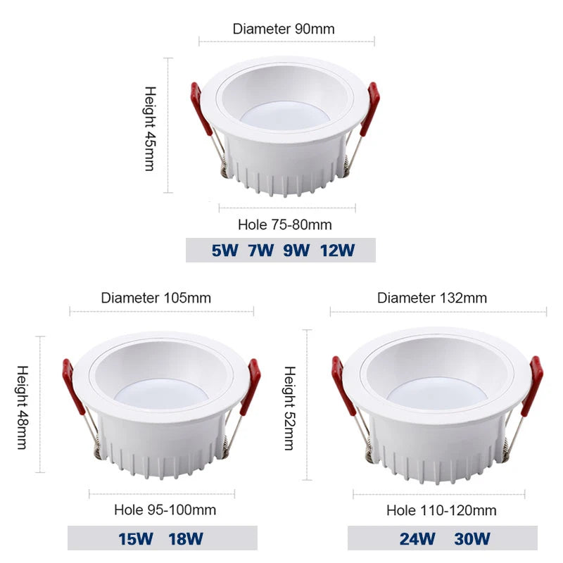 Recessed Anti-Glare LED Downlight 5W 7W 9W 12W 15W 18W 24W 30W Aluminum Dimmable CRI 90 IP42 AC 85-265V Ceiling Spot Driver Included