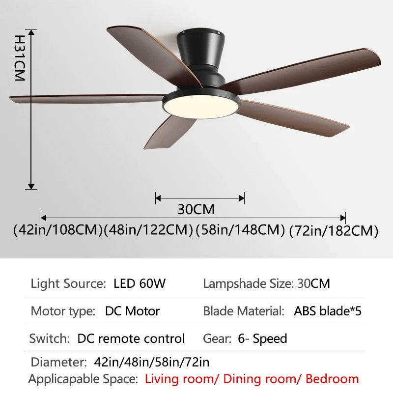 Ceiling Fan with LED Light 42 48 58 72 Inch DC Motor 6-Speed Remote Control 110-220V