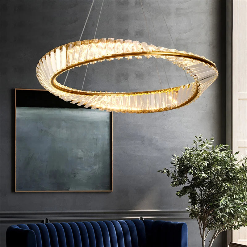 Luxury Ring LED Chandelier Pendant Light Stainless Steel Crystal Flush Mount Knob Dimmable Living Room Dining Room AC 90-260V