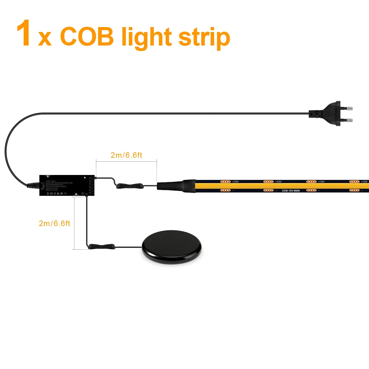 COB LED Strip Kit 8mm Black PCB 100-300cm Touch Dimmer Through-Wood AC 100-240V DC 12V