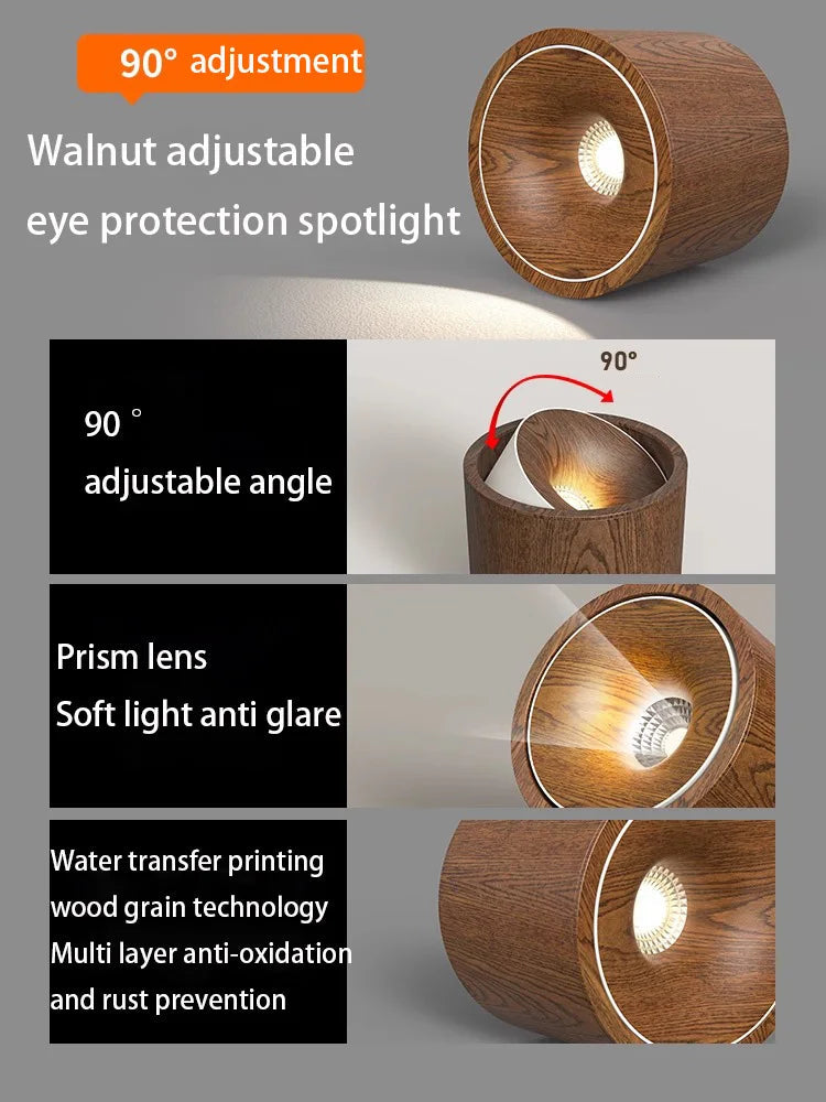 Wood Grain COB LED Surface Mounted Ceiling Spotlight 7W 12W 90 Degree Adjustable Aluminum AC 85-265V Walnut Log Wood 3000K 4000K 6000K
