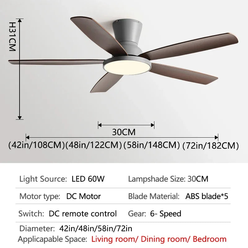 Ceiling Fan with LED Light 42 48 58 72 Inch DC Motor 6-Speed Remote Control 110-220V