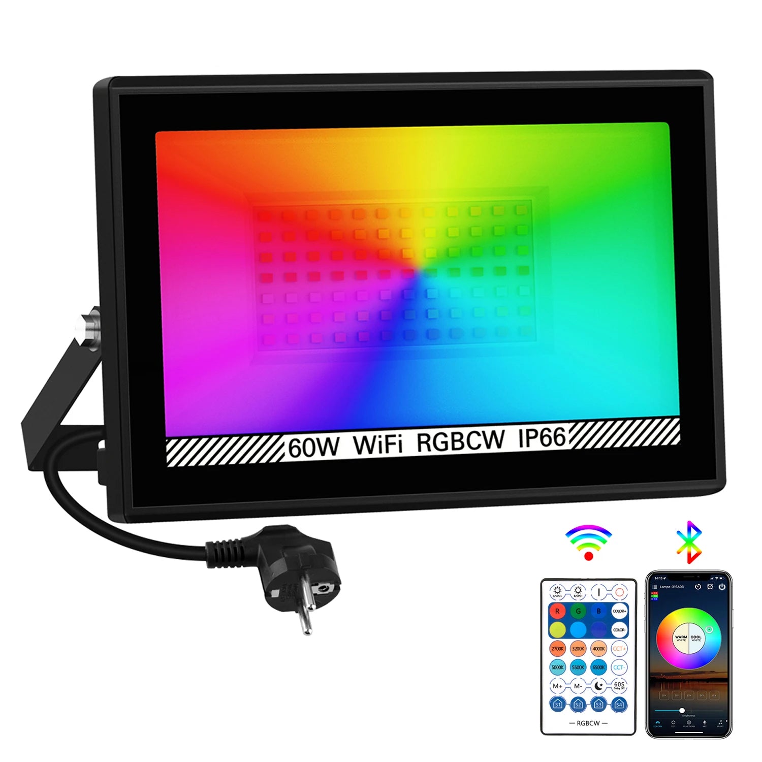RGBCW Smart LED Flood Light 30W 60W 100W App Remote IP66 US Plug 110-130V Outdoor Garden