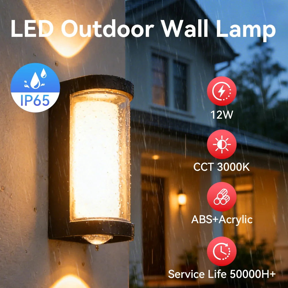 IP65 Waterproof LED Outdoor Wall Sconce 12W Warm White 3000K ABS AC 85-265V Porch Courtyard Garden Black White