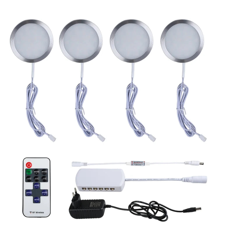 Under Cabinet LED Puck Light 2W DC 12V RF Remote Dimmable Linkable Aluminum PMMA Lens Kitchen Showcase Wardrobe Multi Pack