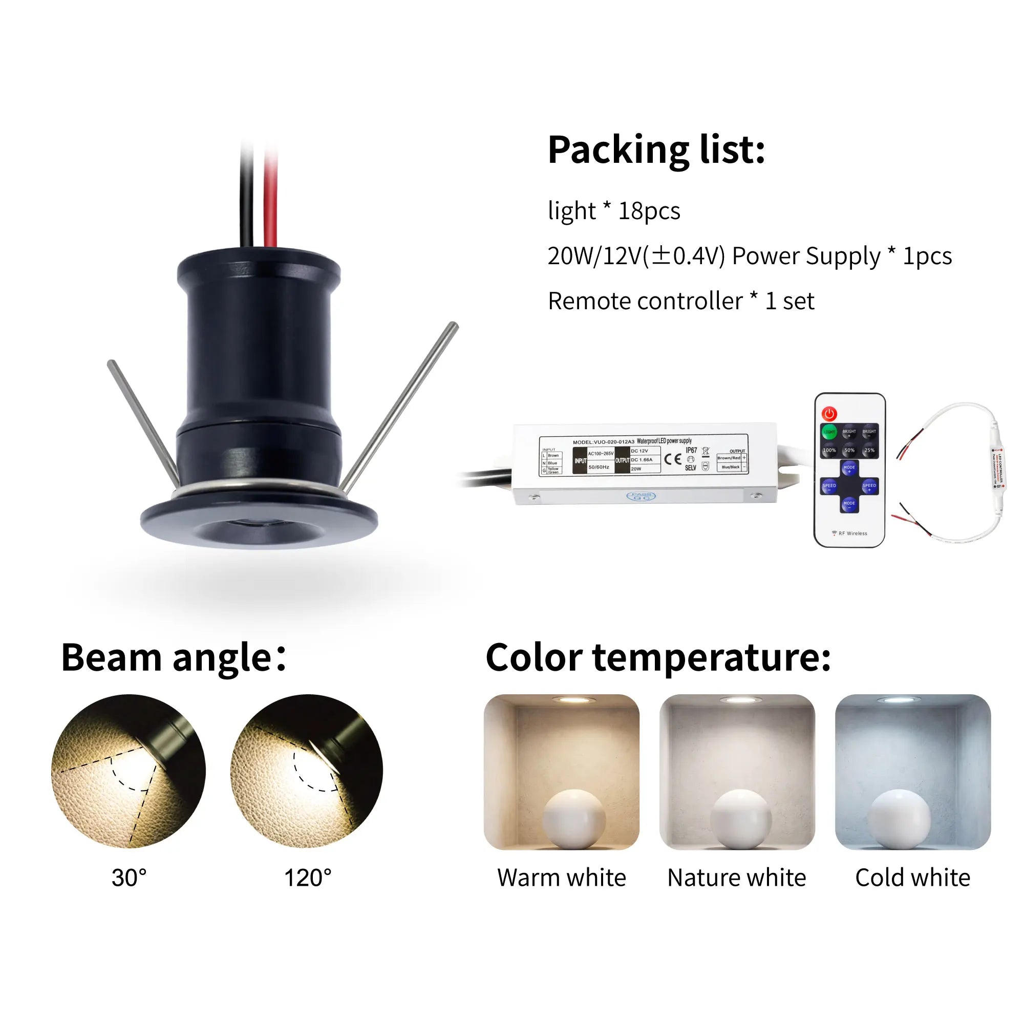 DC 12V Mini LED Spotlight Kit 1W 9-18 Pack Epistar IP65 15mm Cutout Dimmable Remote