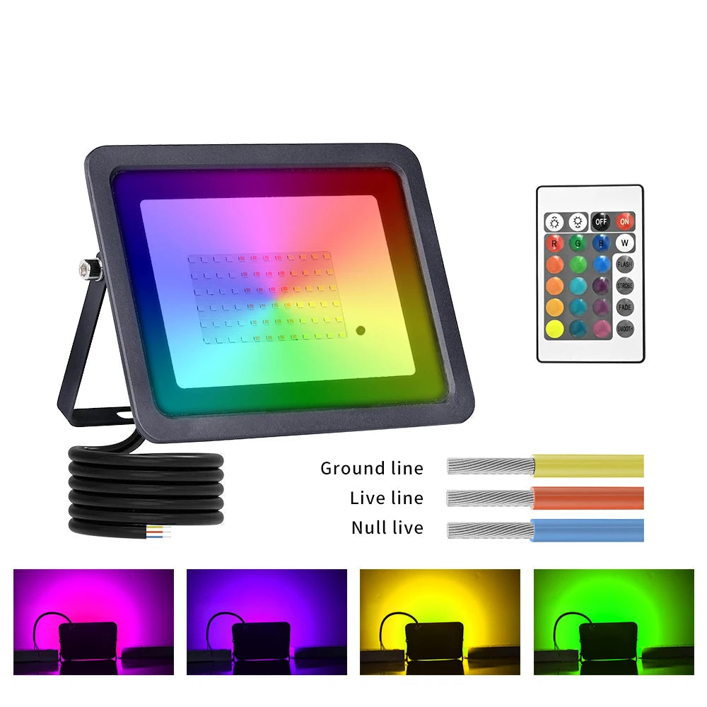 RGB LED Flood Light 20W 30W 50W 100W IP68 120° 24-Key Remote Memory Function AC 110-240V