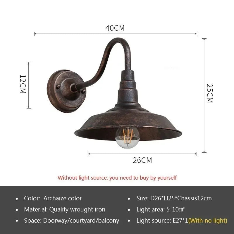 Vintage Iron IP65 Outdoor LED Wall Lamp E26 E27 D24-30cm Black Archaize Silver Gold AC 90-260V