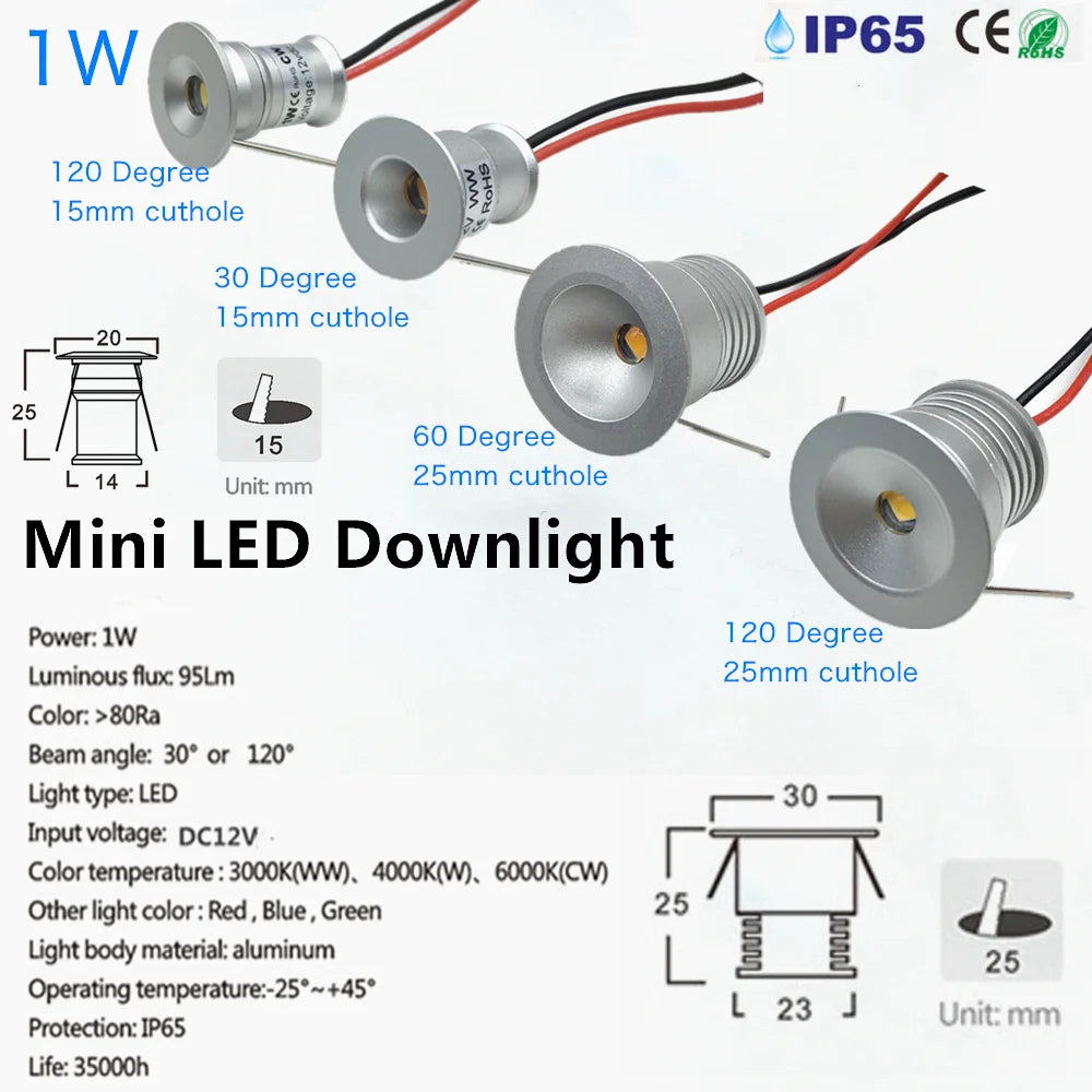 IP65 Mini LED Recessed Downlight 1W 3W DC 12V 90 lm/W 25 30 60 or 120 Degree Aluminum Silver Warm White Natural White Cool White Red Green Blue RGB Cabinet Stair