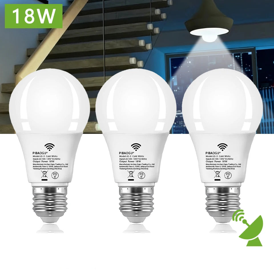 E26 Motion Sensor LED Bulb 18W 360° 3-6m Detection AC 110V Cool Warm White 3-Pack