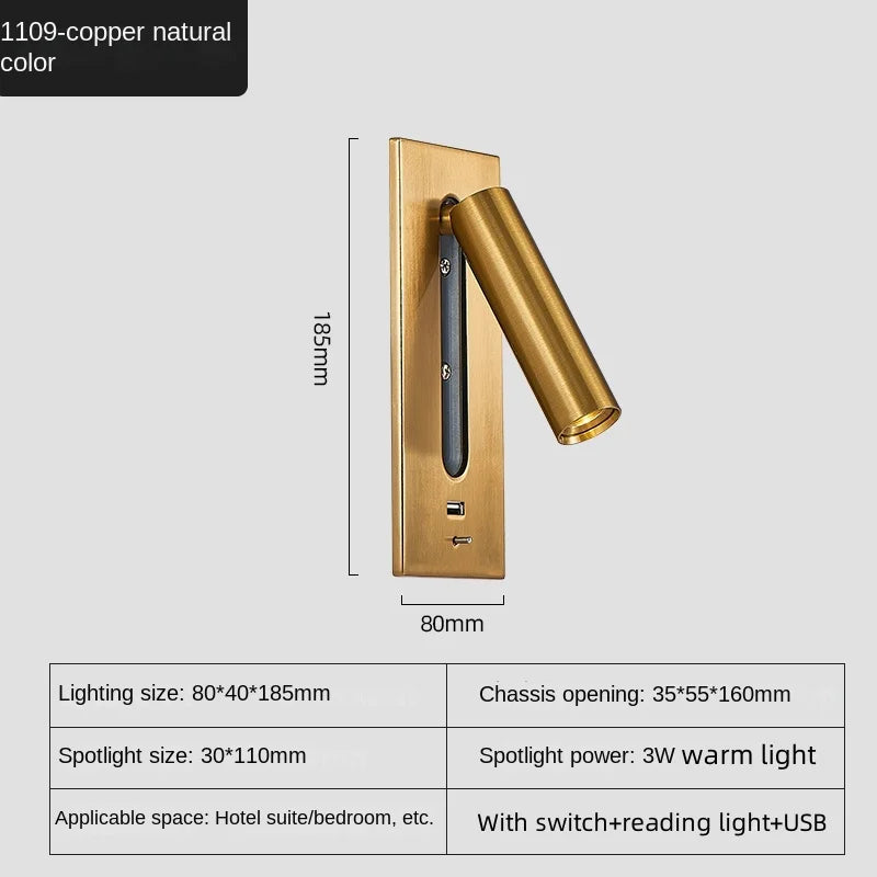 Recessed LED Reading Wall Lamp 3W 35 Degree USB 5V 2.1A Charging Port Toggle Switch Aluminum 80 x 40 x 185mm AC 85-265V Bedroom Hotel Black Copper