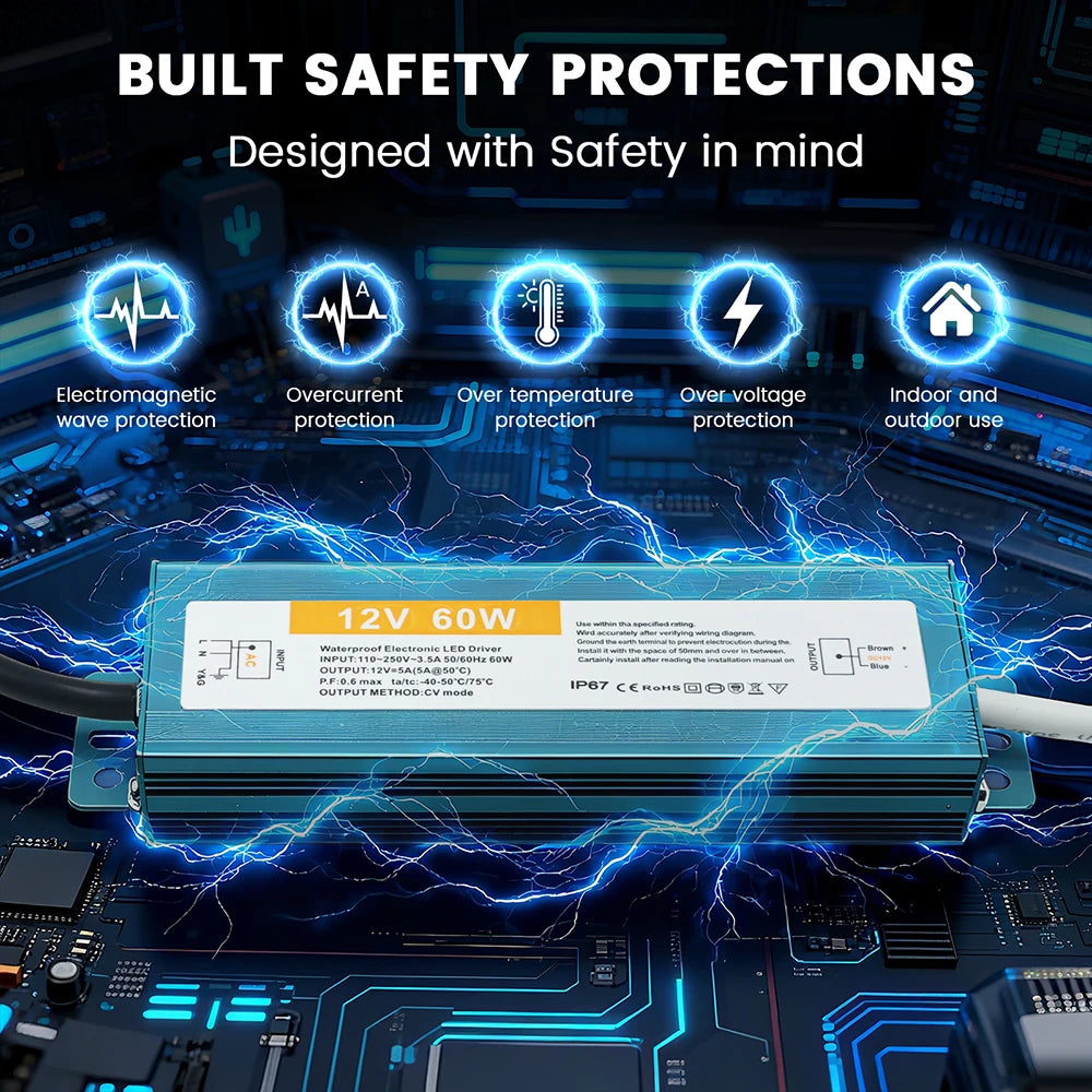 IP67 Waterproof LED Power Supply DC 12V 24V 36W-600W AC 110-250V OCP SCP OVP Outdoor