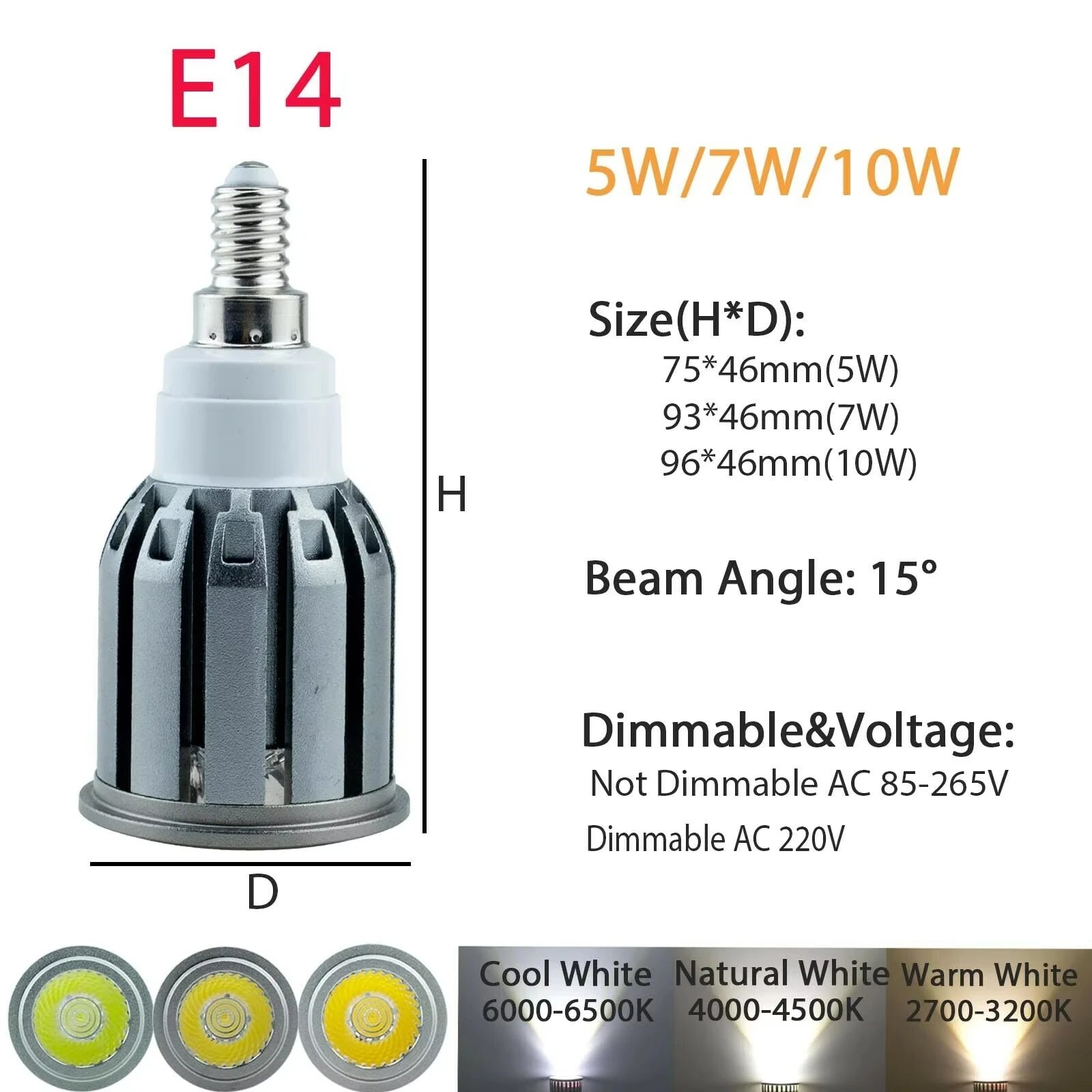COB LED Spotlight Bulb 5W 7W 10W 15 Degree Epistar Multi Base E26 E12 E14 GU10 B22 Dimmable or Non-Dimmable AC 110V 85-265V Warm Neutral Cool White