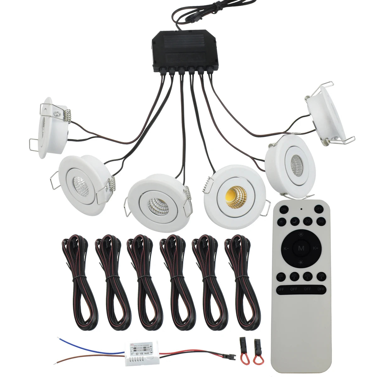 6-Pack 3W COB Mini LED Downlight Kit Dimmable 40-45mm Cutout 4m Cable AC 86-265V Remote