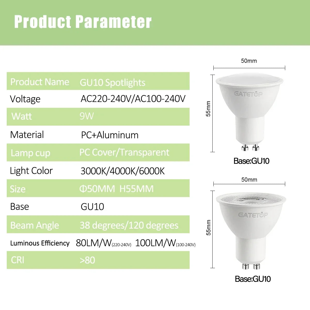GU10 LED Spotlight Bulb SMD 2835 9W 38 or 120 Degree CRI 80 AC 100-240V No Flicker Track Lighting Living Room 10 Pack