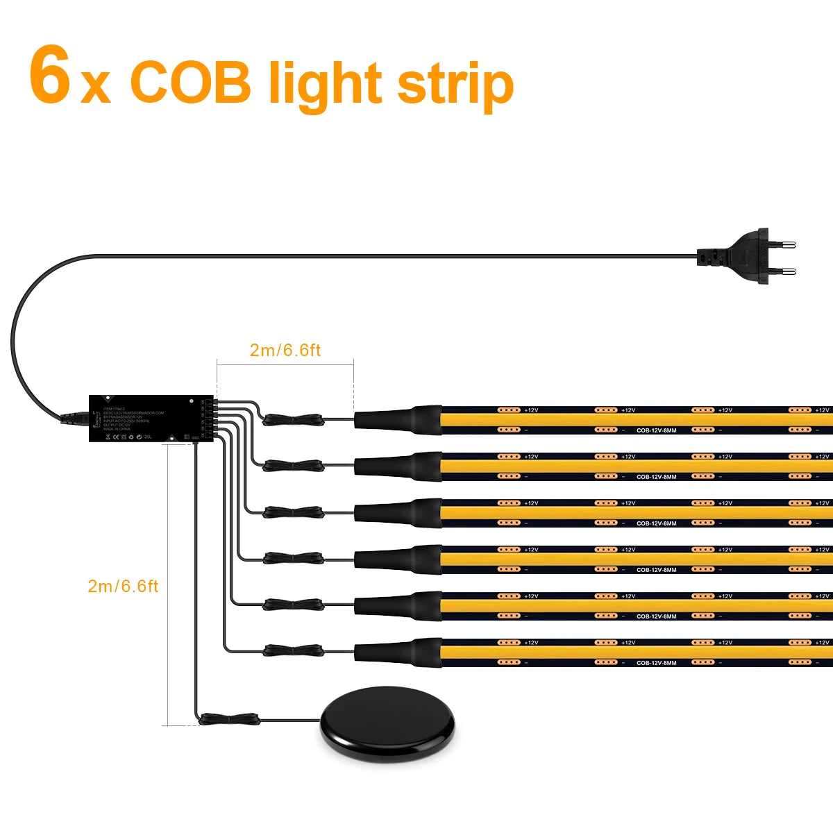 COB LED Strip Kit 8mm Black PCB 100-300cm Touch Dimmer Through-Wood AC 100-240V DC 12V