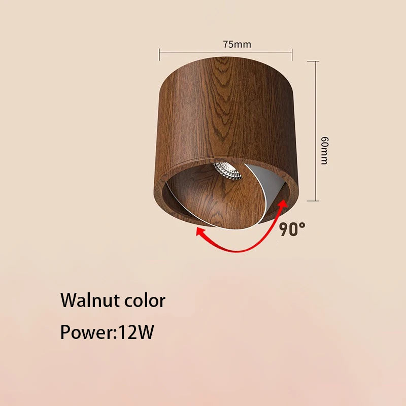 Wood Grain COB LED Surface Mounted Ceiling Spotlight 7W 12W 90 Degree Adjustable Aluminum AC 85-265V Walnut Log Wood 3000K 4000K 6000K