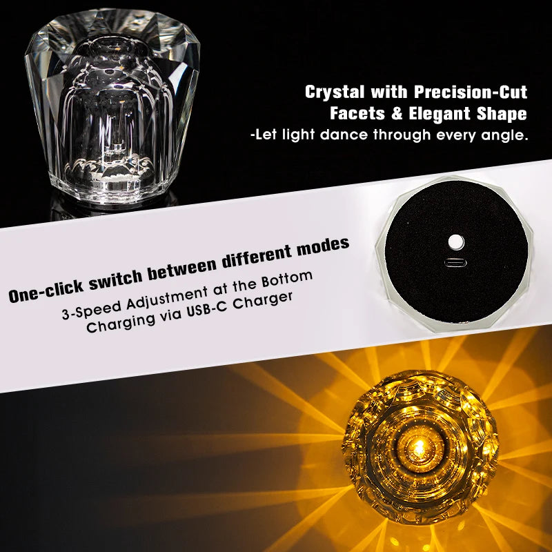 Crystal LED Rechargeable Table Lamp Touch Switch 3 Brightness Modes Type C USB 5V Warm White Bedroom Bedside Bar