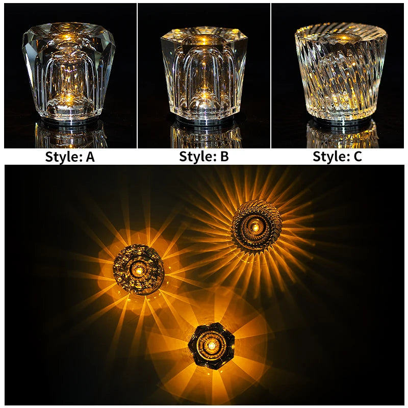 Crystal LED Rechargeable Table Lamp Touch Switch 3 Brightness Modes Type C USB 5V Warm White Bedroom Bedside Bar