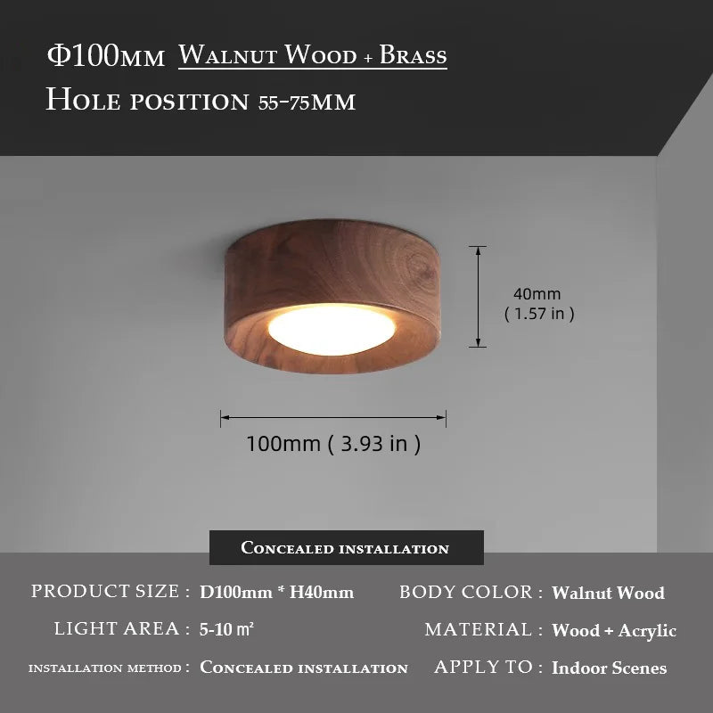 Walnut Wood Copper LED Ceiling Spotlight Acrylic Shade Knob Switch AC 90-260V Concealed or Surface Mount Warm White Changeable Living Room