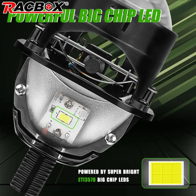 RACBOX 2.5-Inch Bi-LED Projector Lens 50W 10000lm 6000K H4 H7 9005 9006 IP65 Retrofit