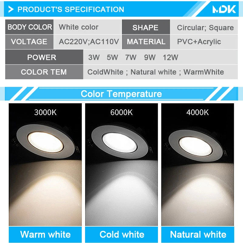 Angle-Adjustable Rotating LED Recessed Downlight 3W 5W 7W 9W 12W SMD2835 AC 110-240V