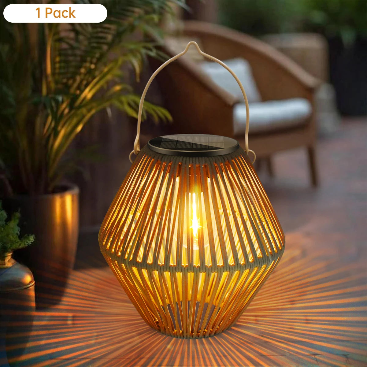 Solar Rattan Bamboo Hanging Lantern IP65 Auto Dusk-Dawn 800mAh Warm White Garden Patio