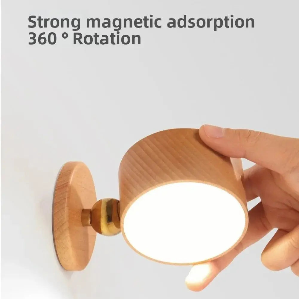 USB Rechargeable Magnetic LED Wall Lamp 360 Degree Rotating Touch Dimmable 4000K ABS Wood Grain Battery Powered Cordless Sconce