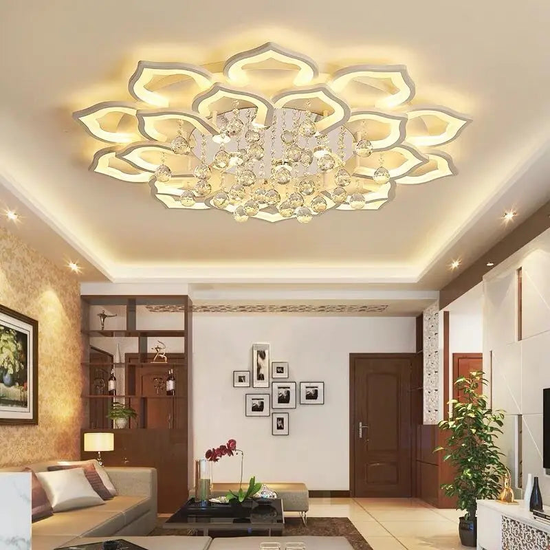 Modern Crystal LED Ceiling Chandelier 24W 48W 72W 110W G9 Three Color Switch Control White Petal 50cm to 105cm Living Room Bedroom Kitchen AC 90-260V
