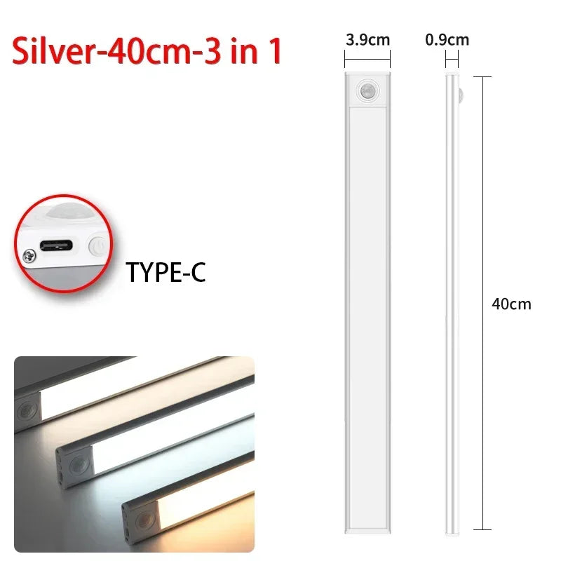 Ultra Thin Rechargeable LED Under Cabinet Light Motion Sensor 54 LED 3 Color Temperatures Stepless Dimming Magnetic Mount Type-C 20cm to 60cm