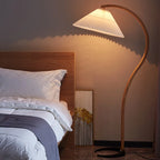 Nordic Solid Wood Pleated Fabric LED Floor Lamp E26 Dimmable Remote Control AC 90-260V D32 x H150cm Living Room Bedroom Study