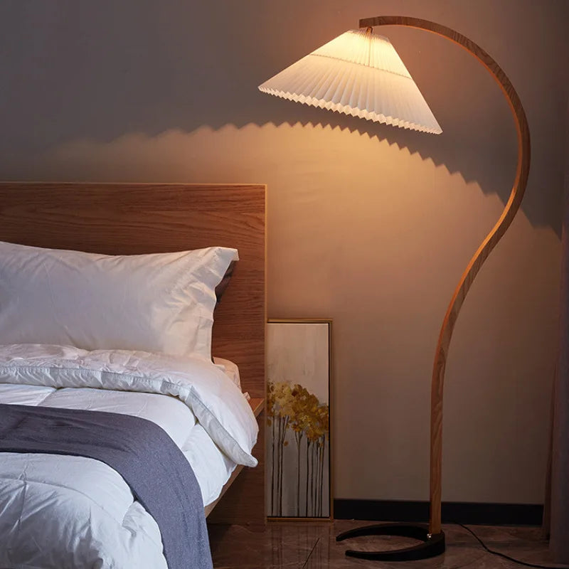 Nordic Solid Wood Pleated Fabric LED Floor Lamp E26 Dimmable Remote Control AC 90-260V D32 x H150cm Living Room Bedroom Study